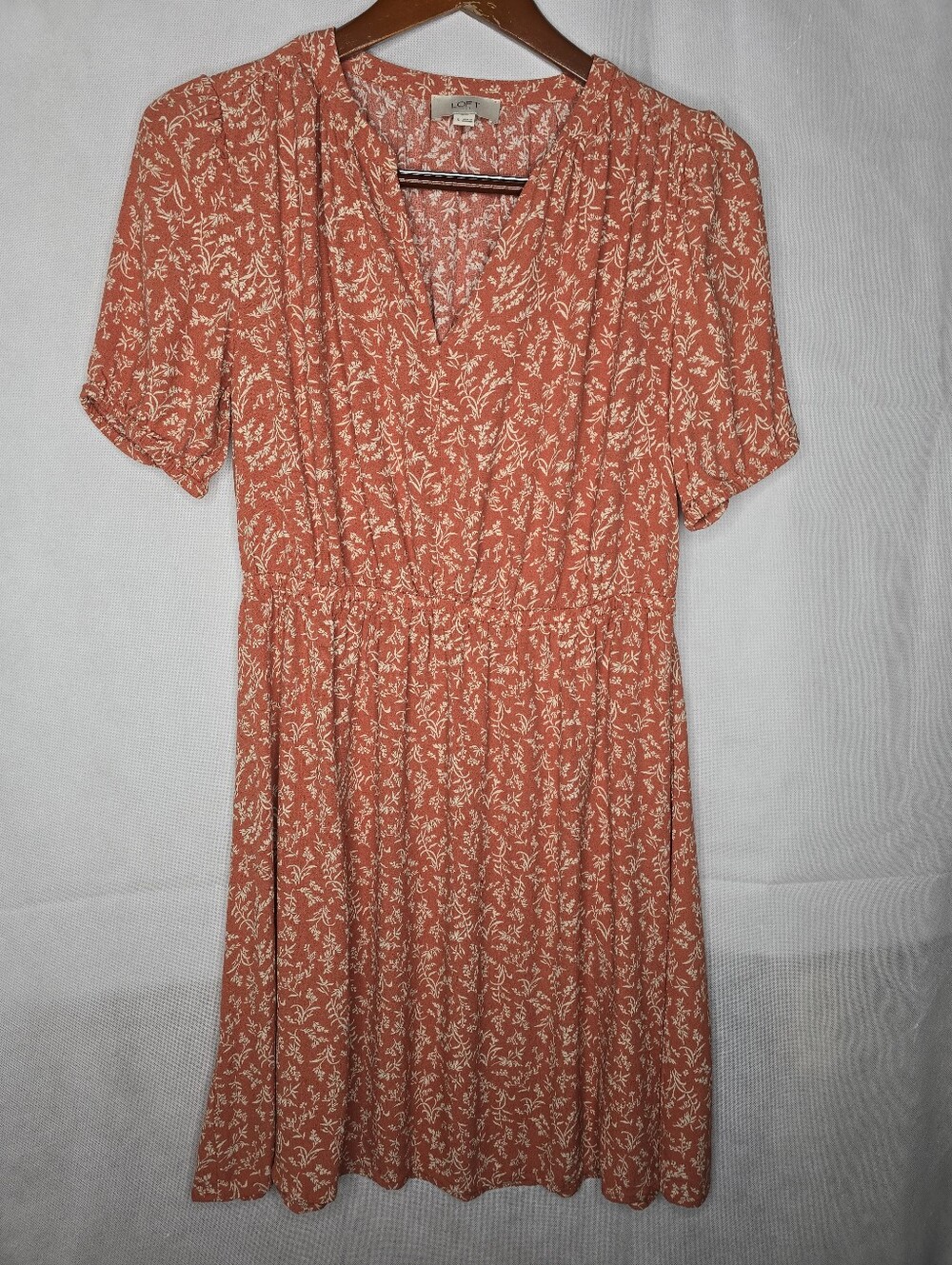LOFT Floral Dress Muted Coral Ivory Short Sleeve V-neck Short A-line Cottage S
